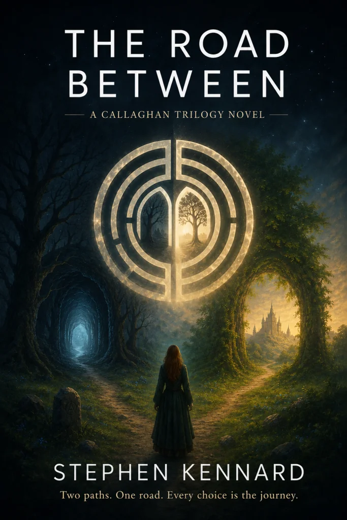 Fantasy book cover showing cloaked figure at mystical crossroads beneath glowing compass.