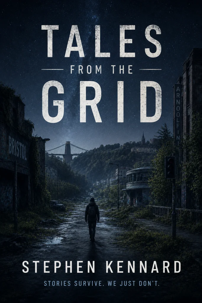 Post-apocalyptic dystopian book cover with lone traveller on ruined road under starry sky.