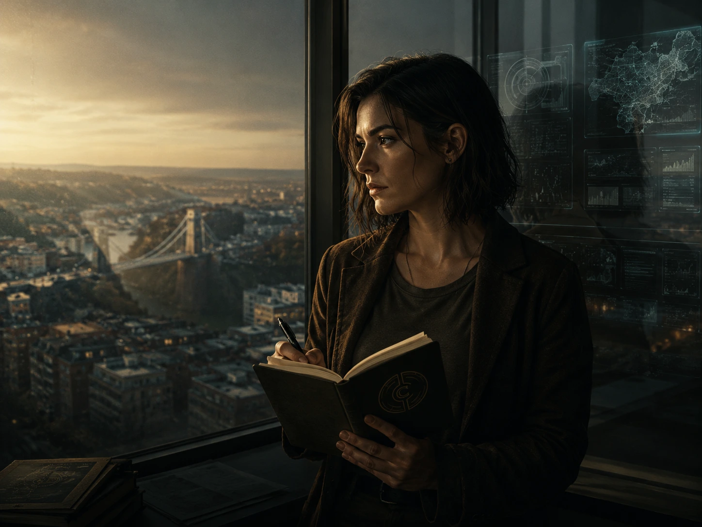 Maeve Callaghan with journal by high-rise window overlooking golden city skyline.