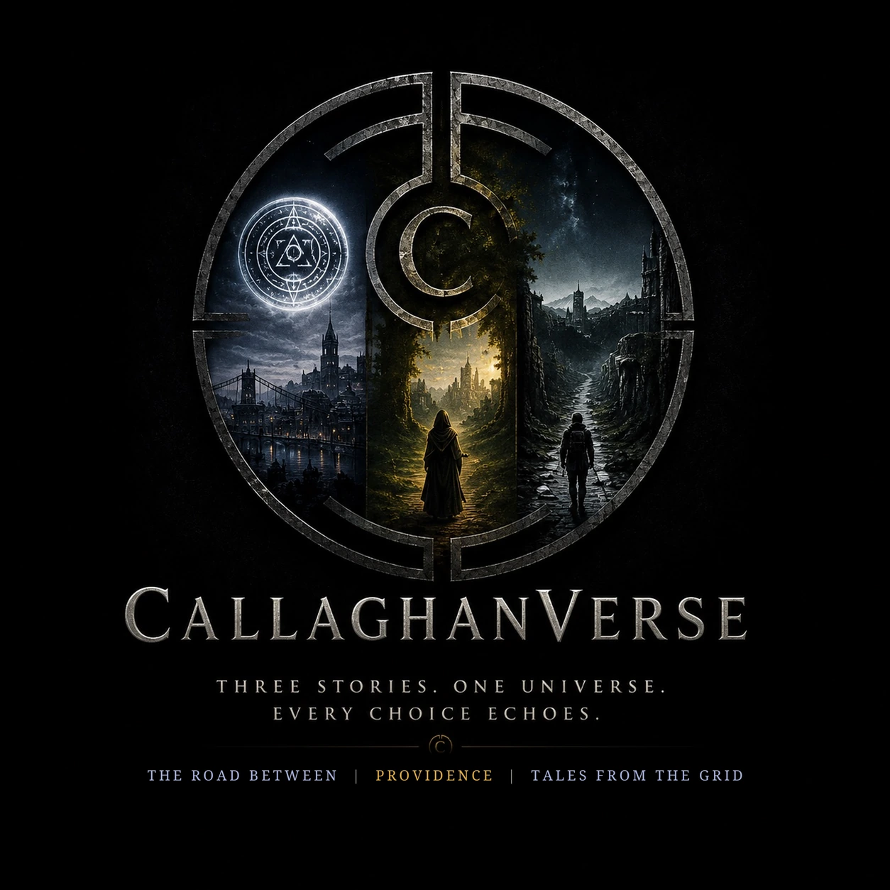 Callaghanverse fantasy universe logo featuring three linked story worlds and choice echoes tagline.