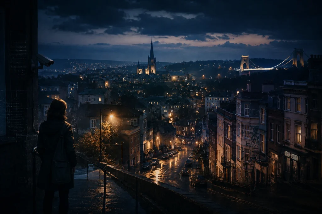 Lone figure overlooking rainy night cityscape with church spire and glowing streets.